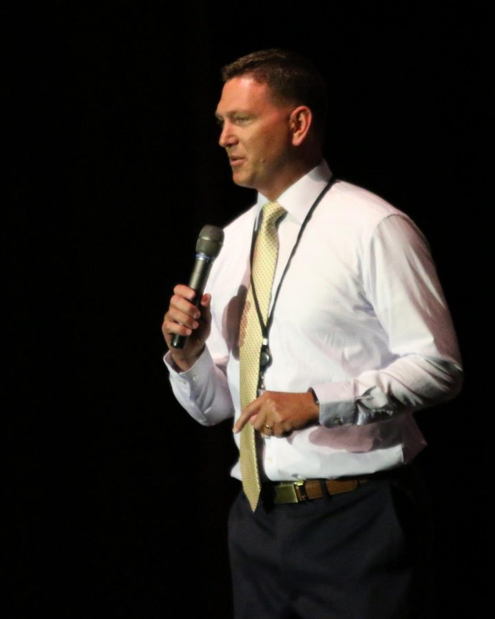 THE+CHIEF%3A+Principal+Horsley+welcomes+students+on+the+first+day+of+school+August+29%2C+2019.+