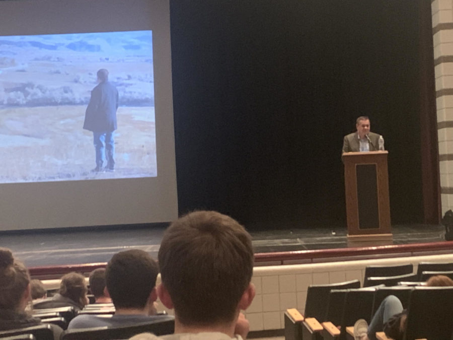 DARREN PARRY: Mr. Darren Parry speaks to the juniors and seniors. Parry, a direct descendant of the Shoshoni Chief Sagwitch, shared the story of the Bear River Massacre with students on January 20th. 