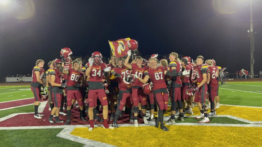 VICTORY PARTY: The Braves assemble at midfield on their home turf after another win. The Braves have lost only one game at home this season at the hand of the Cody Broncs. We are hoping to get a chance for revenge against Cody, said senior quarterback Taft McClure. 