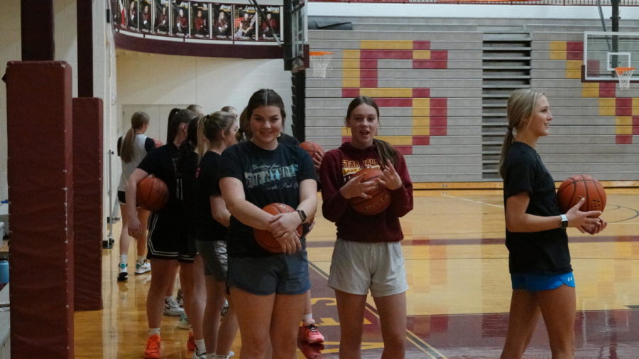PRACTICE TIME: Sheridan Coles and Cameron Erickson wait to start their dribbling drill in practice before the big weekend in Riverton. 