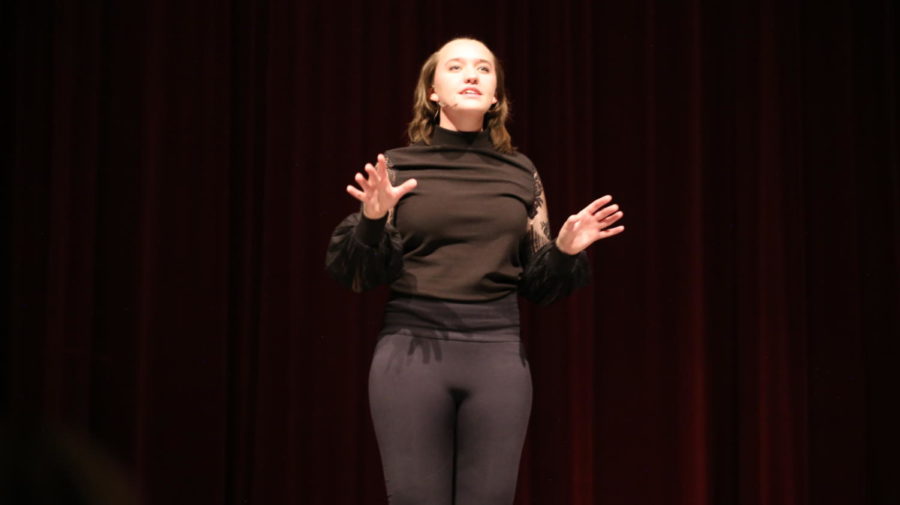 SHOWTIME: Senior Isabel Hinton performs her state piece at the drama showcase the troupe put on prior to traveling to the state competition in Gillette. The drive was very long, but I loved all the laughs and memories that I made with my best friends, said Hinton