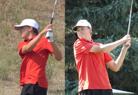 DOUBLED: Benson and Brigham Ordyna hold their golf follow throughs. The identical twins play on the golf team and even live on the golf course. 