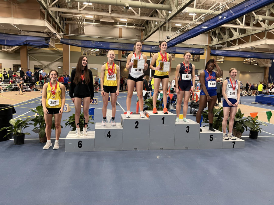 VICTORIOUS: Junior Valerie Jirak stands atop the podium with teammates junior Kammi Merritt at 4th and Senior Avery Hanburg at 8th. Jirak became familiar with this spot, winning all the event she entered. 