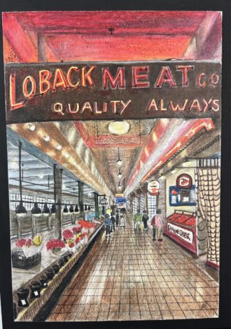 PIKE PLACE MARKET- Senior Janie England, inspired by a market in Seattle, captures the vibe of the market in this color pencil art piece. Stay in school, do art, England said.