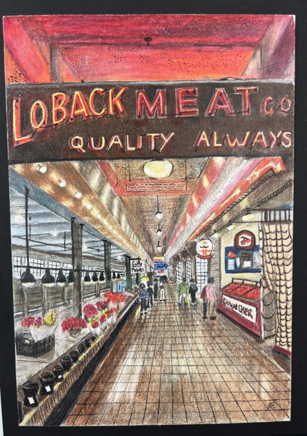 PIKE PLACE MARKET- Senior Janie England, inspired by a market in Seattle, captures the vibe of the market in this color pencil art piece. Stay in school, do art, England said.