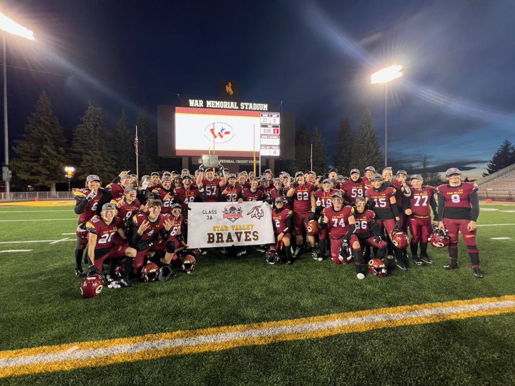 GOOD TIMES: Star Valley celebrates under the Jumbotron at War-Memorial stadium in Laramie after a 27-0 victory over Cody in the 3A state championship. 