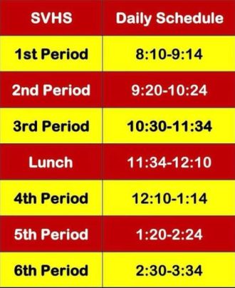 OFF SCHEDULE: The daily schedule at SVHS is full of long classes and a short lunch. "We need a longer lunch to be successful," said Kaelyn Green, Sophomore.