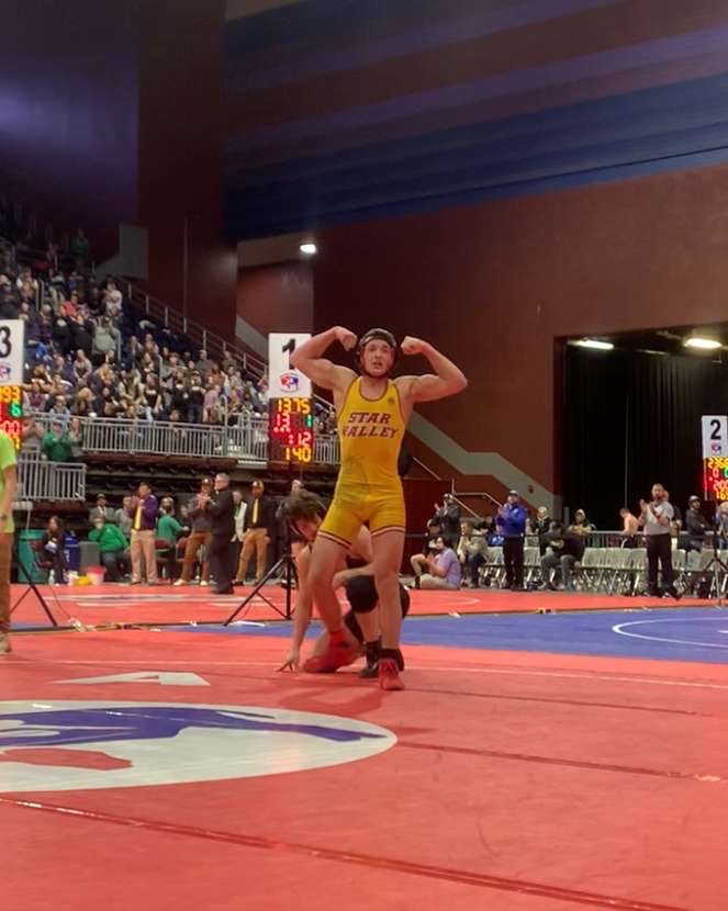 Cooper Burk celebrates after becoming the 157-pound state champion in March of 2024. Burk injured his elbow during his freshman year and took 3rd his sophomore year. "Hard work beats talent when talent doesn't word hard," said Burk.