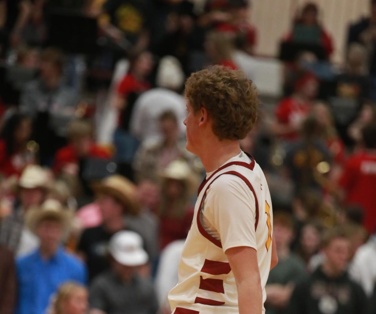 Braves b-baller Cooper Lancaster stands ready to D up a Mountain Crest player. The game came to a head with the Braves falling just short with Braves 37 Braves Mountain Crest 47. Coach Shumway said, "Cooper is a great all around basketball player and person. He is skilled on the perimeter as well as around the basket, which makes him difficult for opponents to defend."     