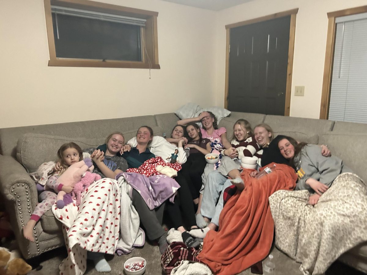 Eight sophomore friends watch "Letters to Juliet" on Galentines. They had spent the afternoon eating crepes, playing games and laughing a lot. Host Eden Adams said, "It was so fun to be able to hang out with my friends and not have any pressure to act normal around someone."