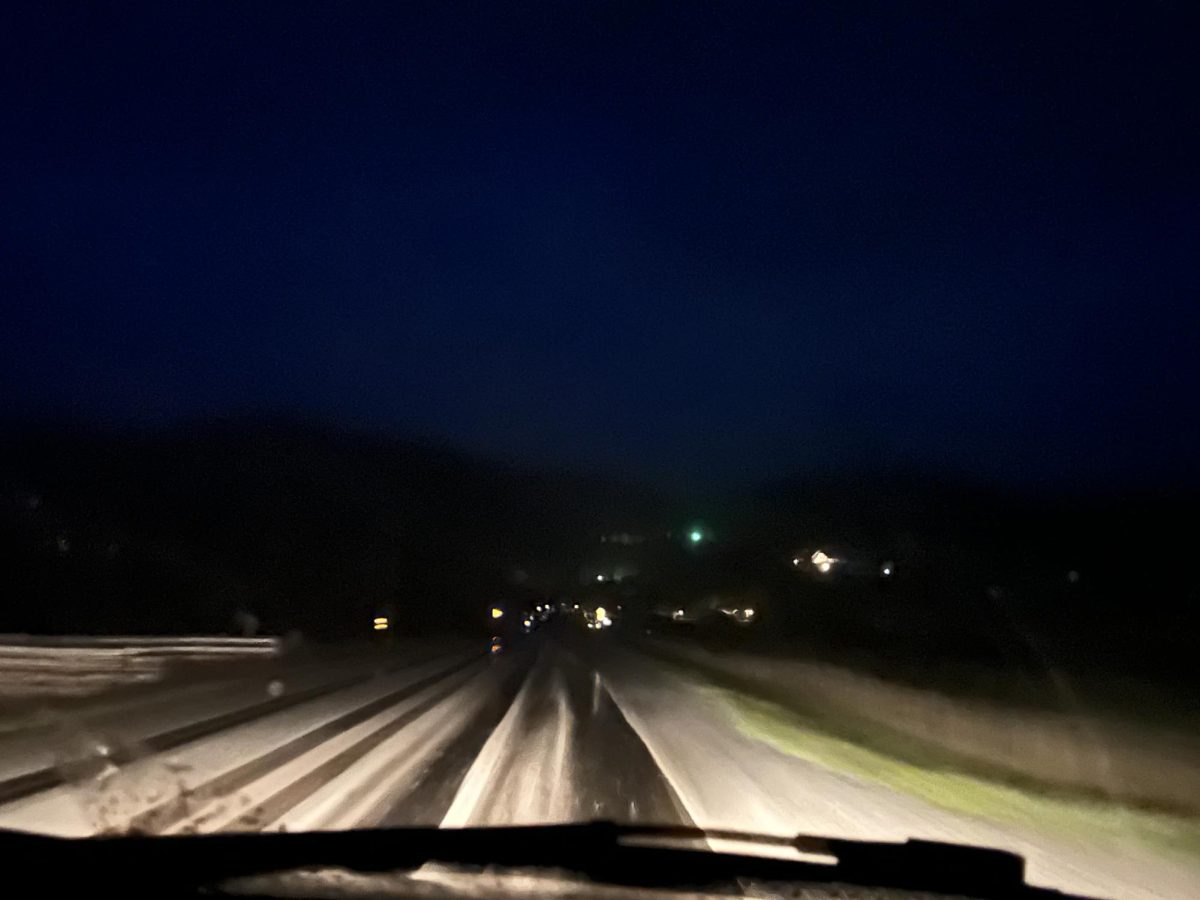 On the drive home from nightly activities Samantha Allred captures the crazy weather on the road. Elizabeth Petersen stated, "The worst part of the storm was probably driving through the hail". The weather was crazy that night, and the roads were covered with rain and hail.