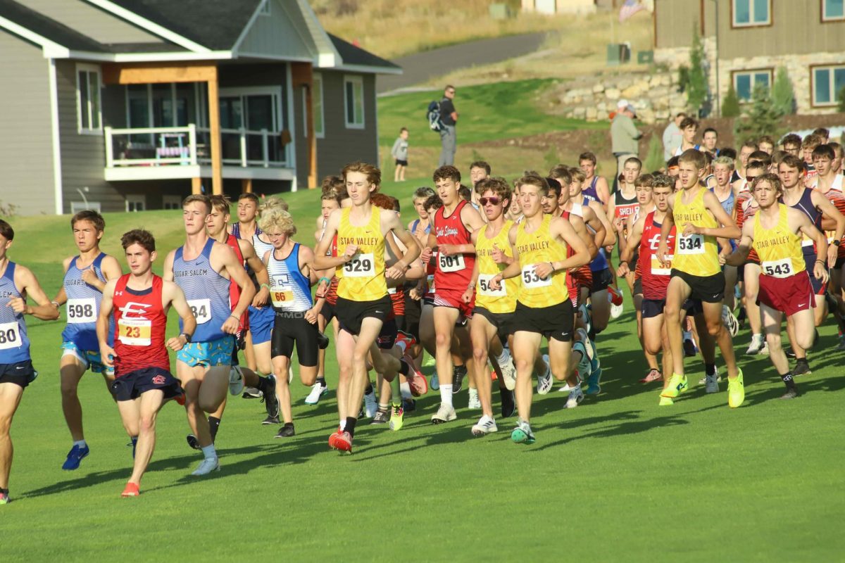Colton Cranney gets out to a head start on his home course at a fall meet. He would go on to dominate and win the state tournament a month later. 