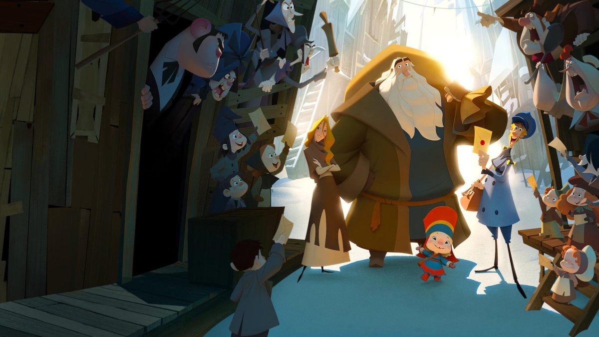 Jesper and Klaus stand with the townspeople in a scene from the 2019 hit Netflix film Klaus. The movie has become a top pick for SVHS students like Mysha Sorenson, who praises the film's "cute" and "timeless" animation style.