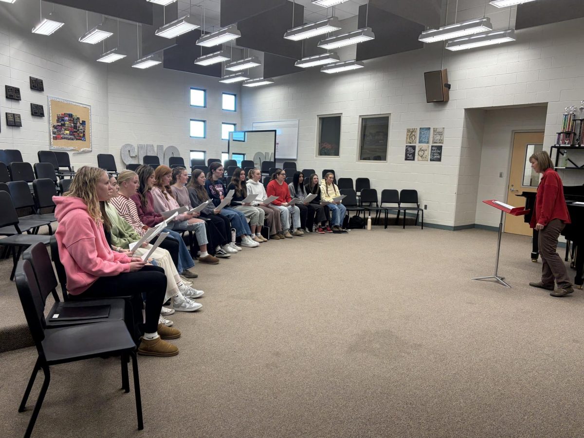 Treble Tones works on one of their songs in the choir room. These girls have been working on the show for the past couple of months. The president of Treble Tones, Ashlyn Hoopes says, “We’ve just worked on the songs, trying to make it special for everyone every single day.”