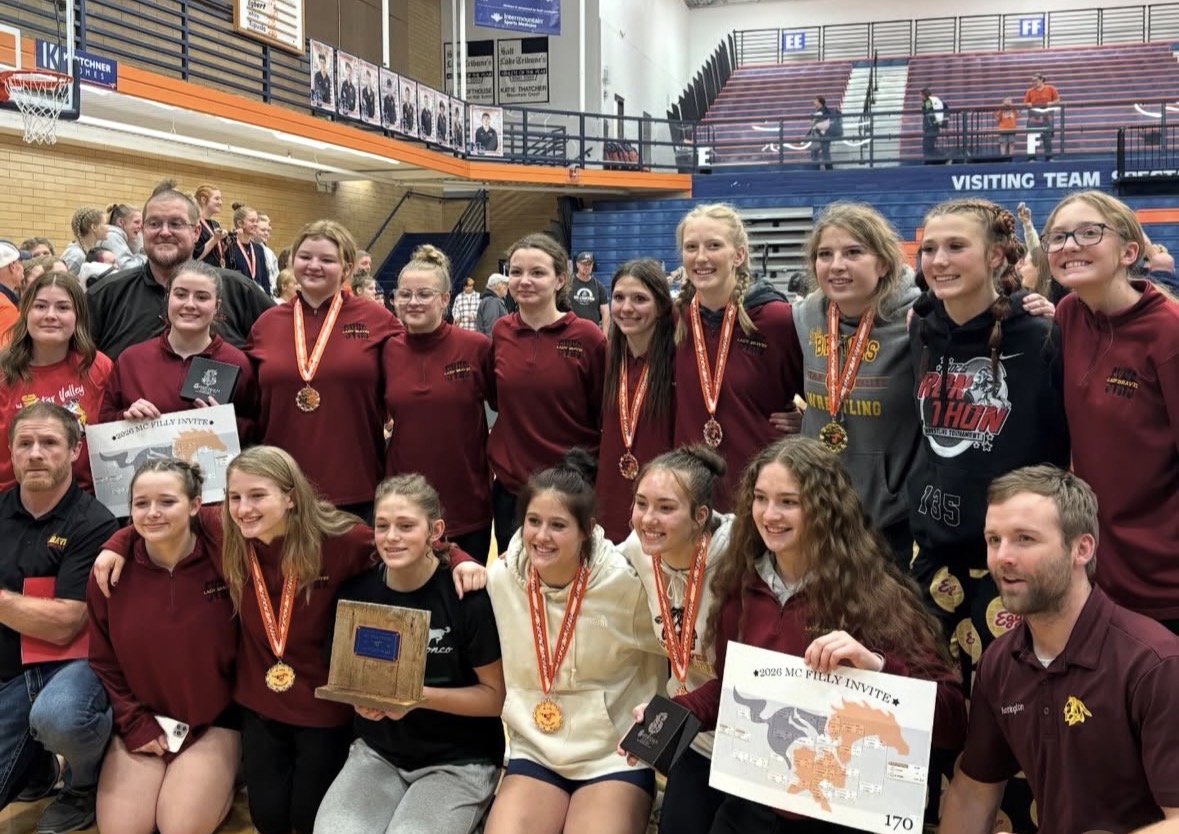 The Lady Braves Wrestling Team pose for a picture after competing in Hyrum, Utah. Three senior wrestlers from SV won in their weight class. 
Brooke Schwab said, “What actually motivated me to go out and win was the trophy that they give out when you win the tournament! Last year I got 3rd. And this year, I knew I had a real shot at winning. I knew that if I just wrestled patiently and aggressively, I could take the title for my own. Even when I was in the finals match, I told myself that I wanted that trophy, and it gave me the motivation to pin my opponent and win the match!”

