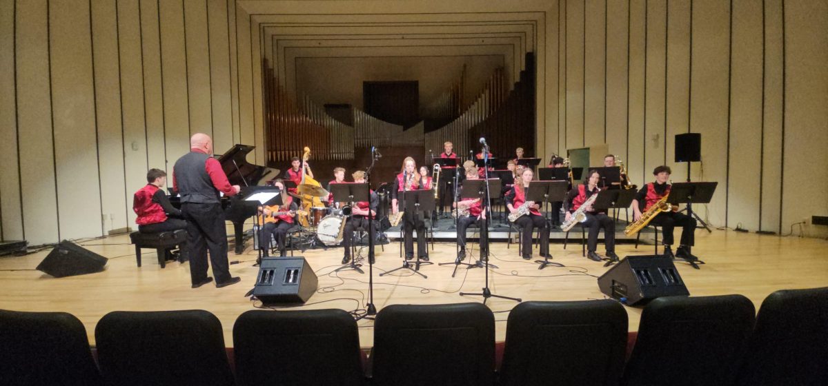 SVHS Jazz Band performs in front of judges at the UW Jazz Festival, presenting their prepared selections in hopes of earning a rating. The group later received an overall Superior (1), the highest possible score at the festival.