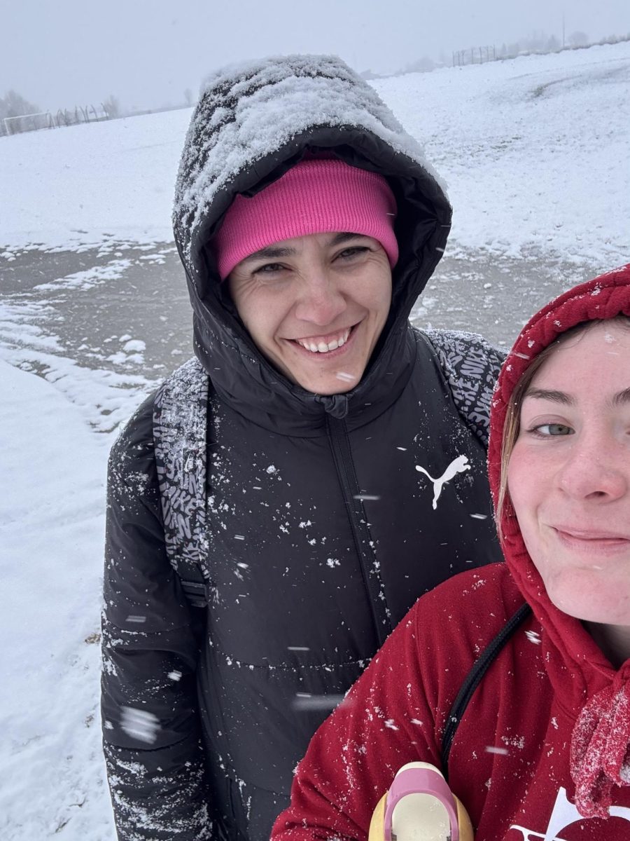 Coach Jessica Bagley stands in the snow on day 2 of tryouts. This is pretty typical weather for SV soccer season. "The weather is always unpredictable during these months," stated Bagley.
