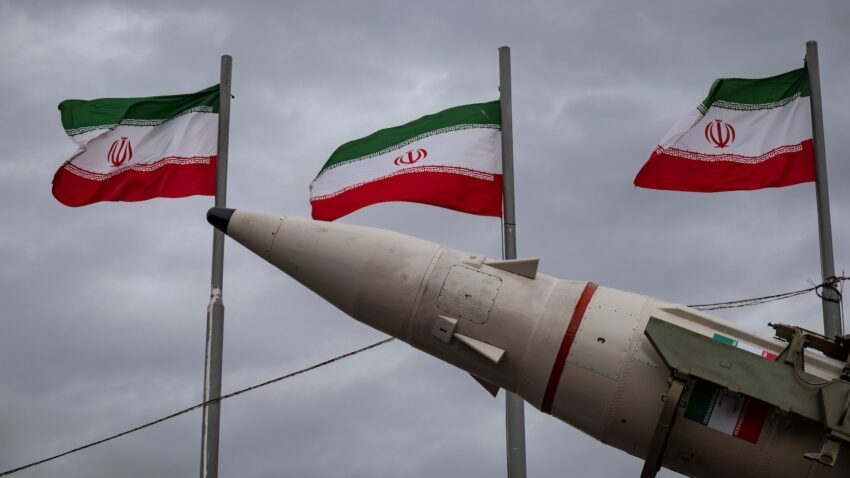 An Iran-made ballistic missile is displayed during a rally commemorating the 47th anniversary of the Islamic Revolution's victory in Azadi (Freedom) Square in western Tehran, Iran, on February 11, 2026. 
